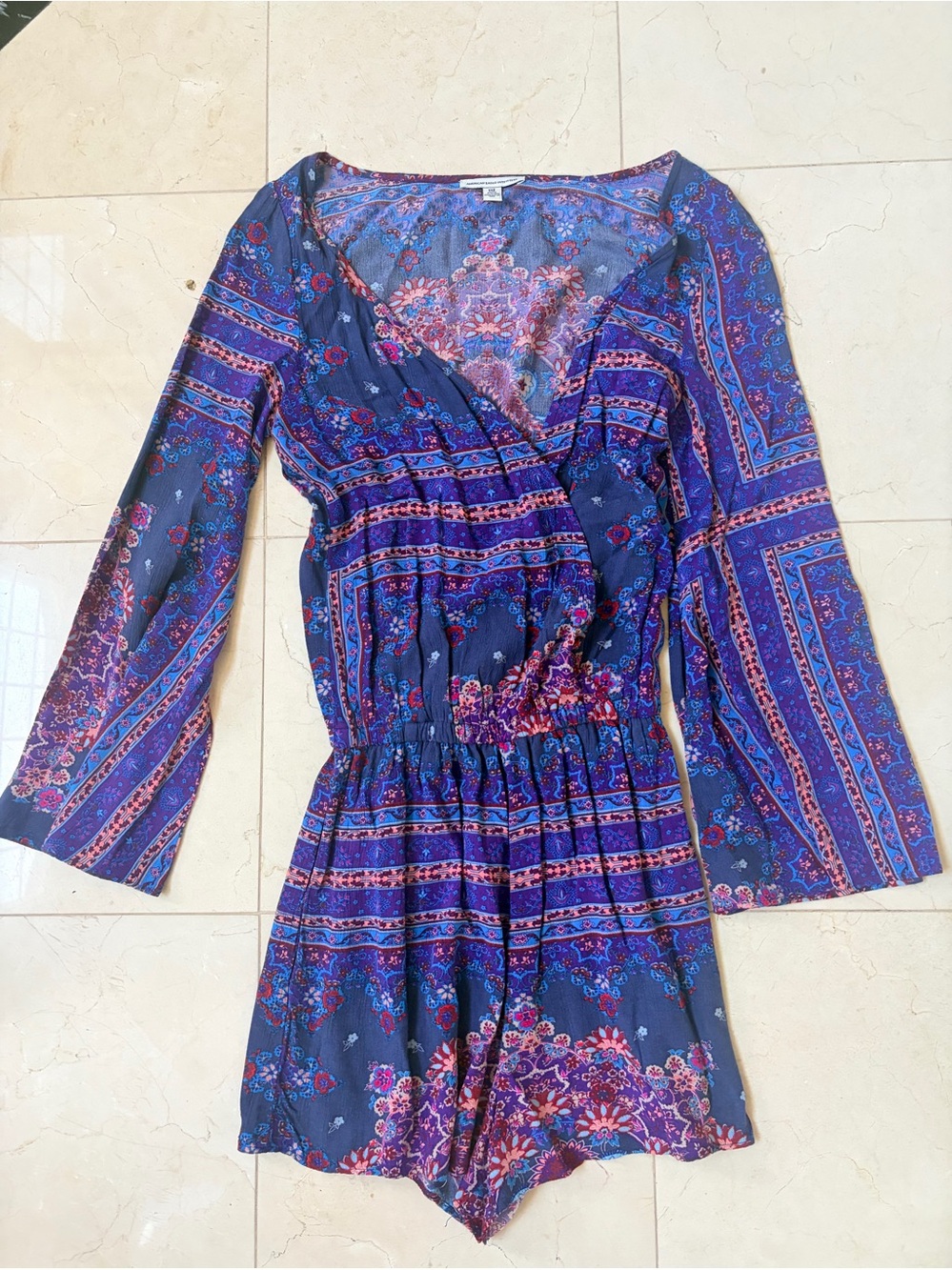 Women’s American Eagle Blue Paisley Wrap Romper Dress - size XXS